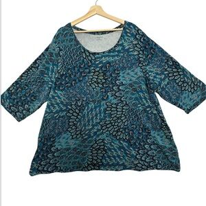 Catherines Top Womens 3X Blue Floral Abstract Stretch Knit Comfy Office Artsy